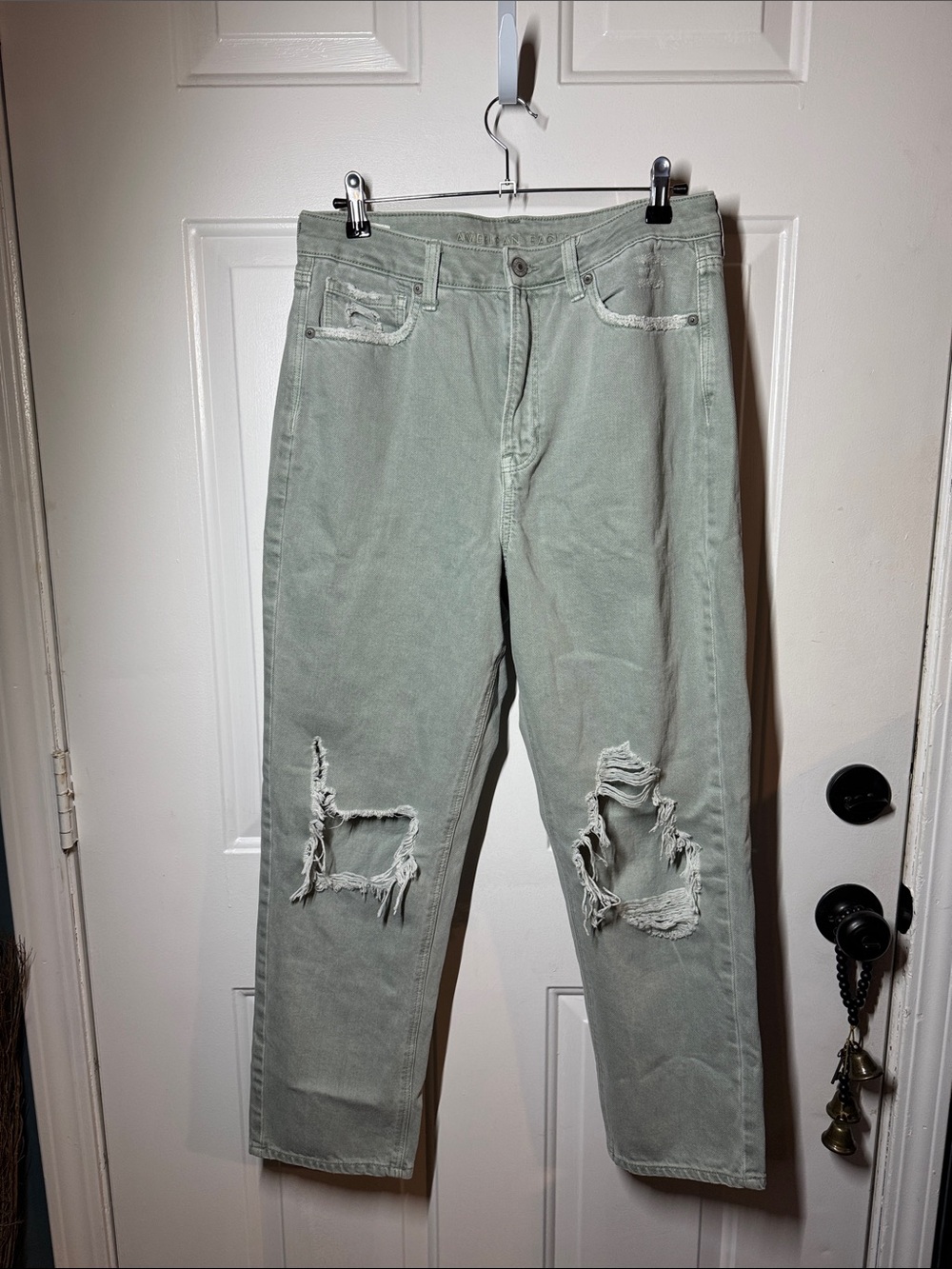 Women's Distressed Light Sage Green Jeans - Casual Straight Fit